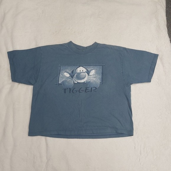 Vintage Jerry Leigh Disney Tigger Blue Graphic T-Shirt Size Large Boxy Crop-Top - Picture 1 of 7